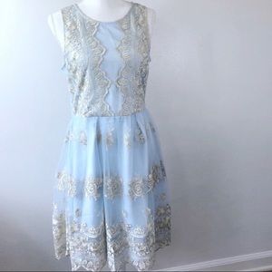 BHLDN | Blue/Gold Lace Overlay Dress